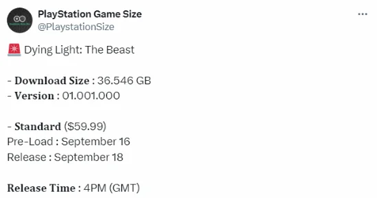 《消光：困兽》PS5版游戏容量公布 预载9月16日启动